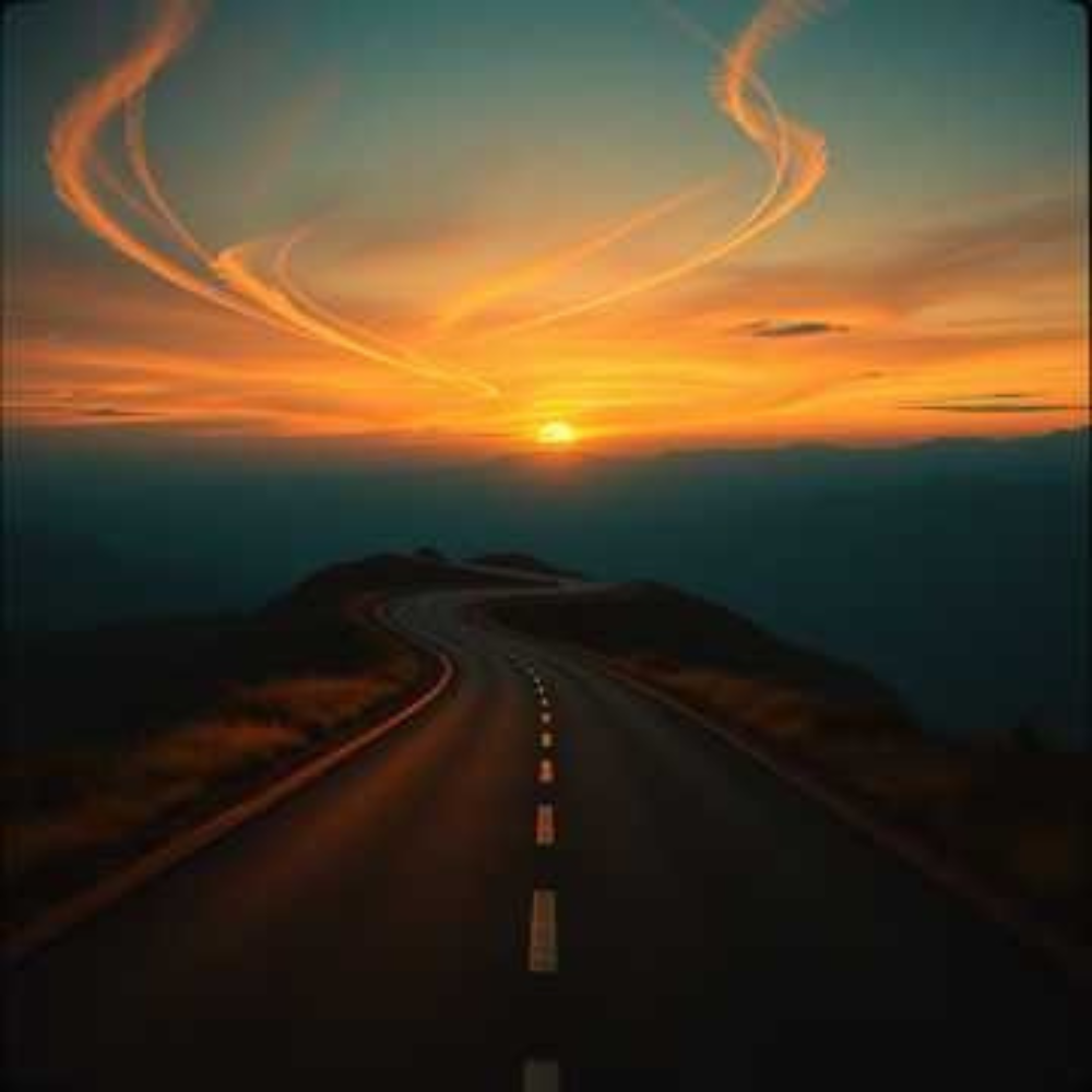 Winding road leading toward a glowing sunrise on the horizon with sweeping cloud trails across a blue and orange sky over distant hills.