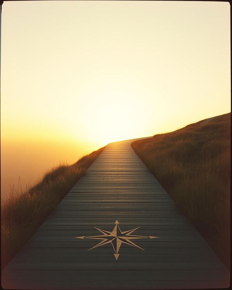 Alt Text: A wooden boardwalk rises toward a bright sunrise over grassy dunes, with a compass rose inlaid near the foreground.