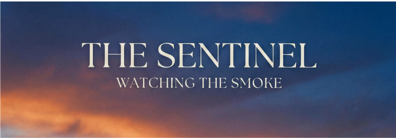 A man stands atop a rugged, ancient stone tower during a deep sunset. He overlooks a vast, rolling mountain landscape under a sky transitioning from warm orange to twilight blue. A single, distinct plume of smoke rises from a distant hill in the valley. Centered text at the top reads "THE SENTINEL" in a classic serif font, with the subtitle "WATCHING THE SMOKE" beneath it.